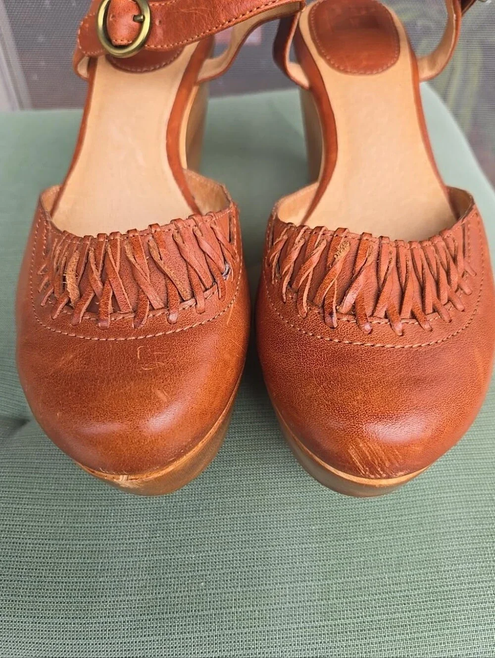 Frye Blair Cognac Leather Closed Toe Mary Jane Platform Wedges Size 10M